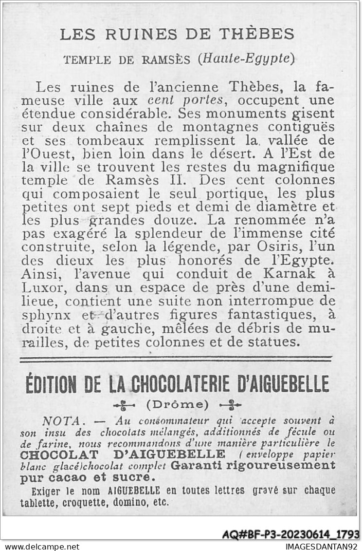 AQ#BFP3-CHROMOS-0894 - CHOCOLAT D'AIGUEBELLE - Le Ramasseum - Ruines De Thèbes - Egypte - Aiguebelle