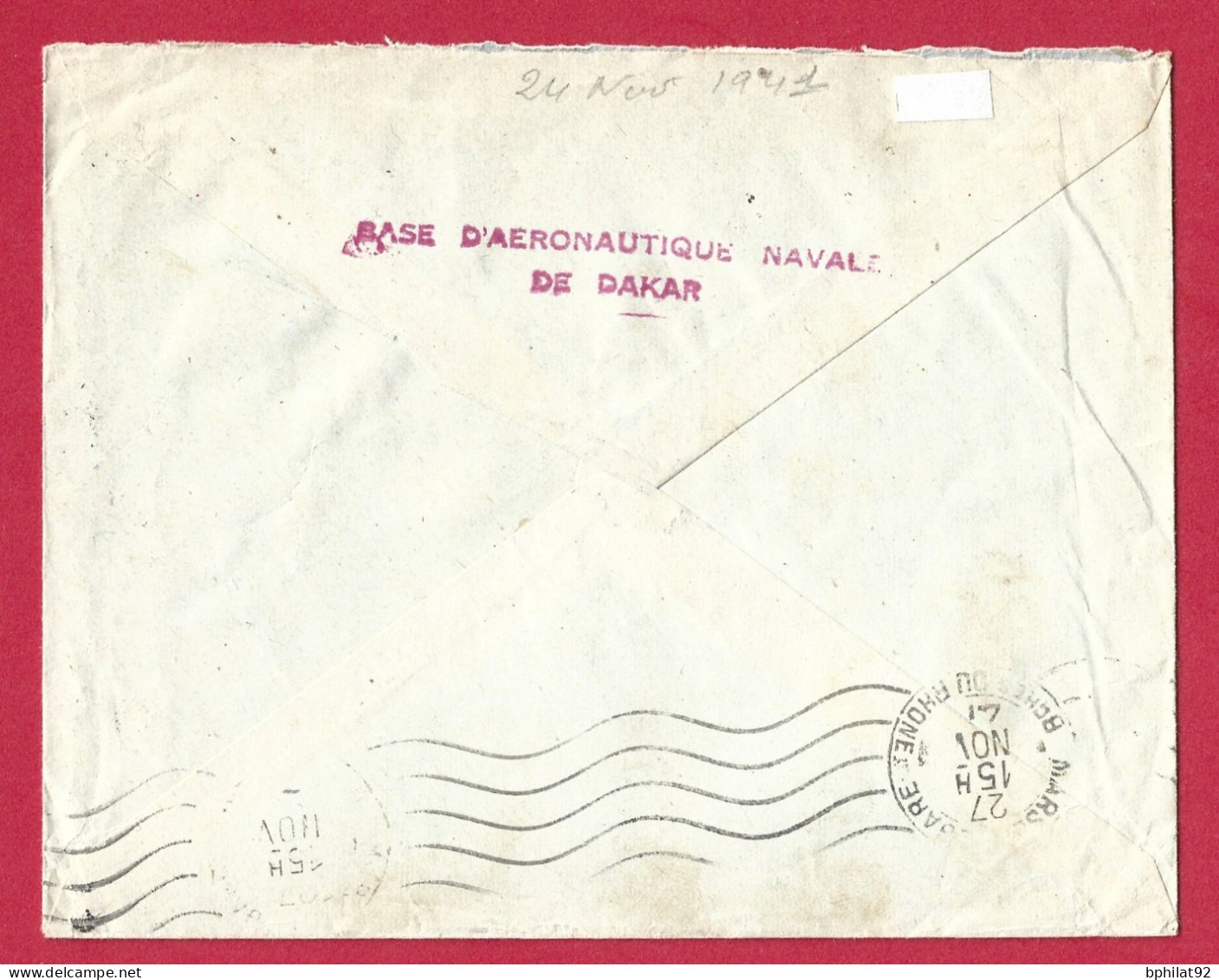 !!! AOF, LETTRE FM PAR AVION DE LA BASE AÉRONAVALE DE DAKAR, SÉNÉGAL POUR LA FRANCE DE NOVEMBRE 1941, SERVICE À LA MER - Lettres & Documents