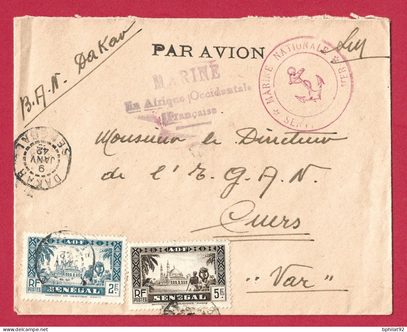 !!! AOF, LETTRE FM PAR AVION DE LA BASE AÉRONAVALE DE DAKAR, SÉNÉGAL POUR LA FRANCE DE JANVIER 1942, MARINE EN AOF - Briefe U. Dokumente