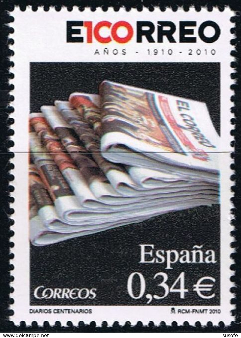 España 2010 Edifil 4562 Sello ** Diarios Periodicos Centenarios El Correo Vizcaya (1910-2010) Michel 4504 Yvert 4209 - Unused Stamps