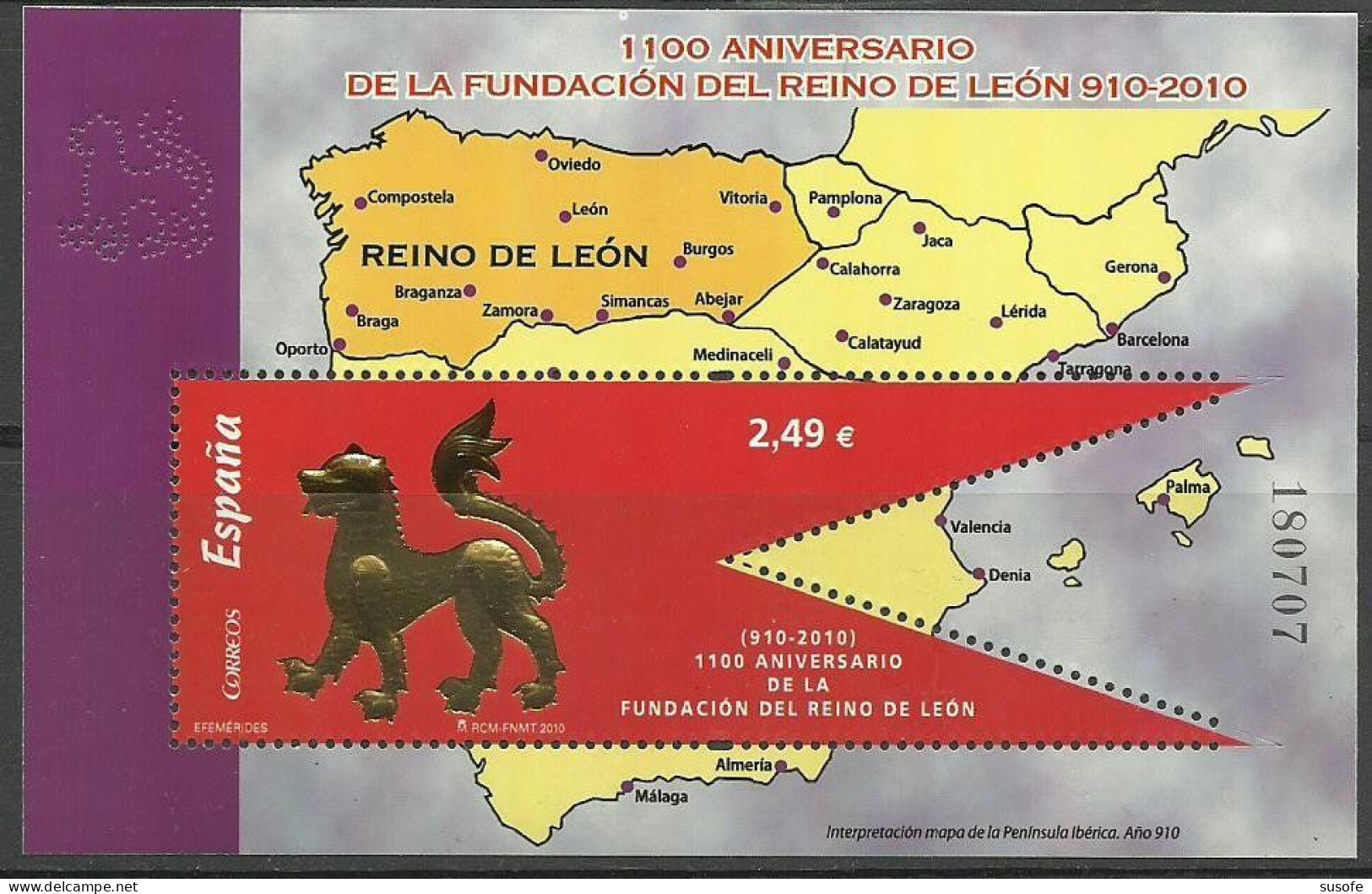 España 2010 Edifil 4563 Sello ** HB Reino De Leon Mapa Pendon En Mapa Michel BL193 Yvert BF185 Spain Stamp Timbre - Neufs