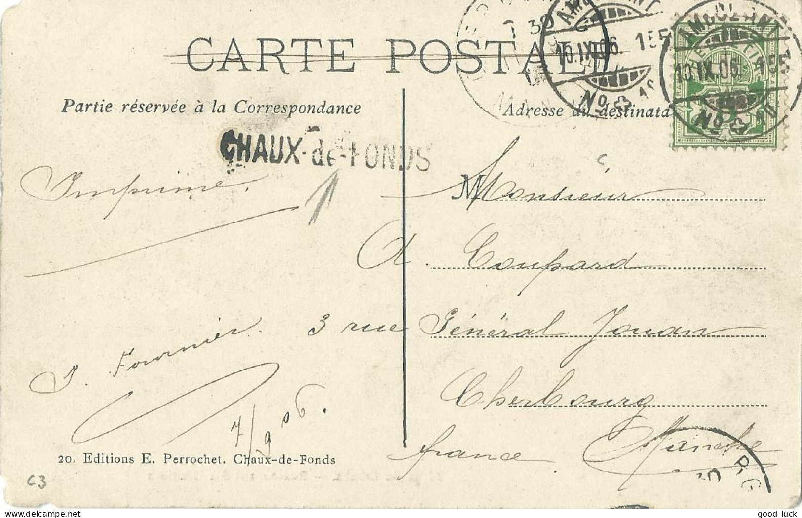 SUISSE  CARTE 5c  MARQUE LINEAIRE CHAUX DE FONDS + AMBULANT N° 10 POUR  CHERBOURG ( MANCHE )  DE 1906 LETTRE COVER - Covers & Documents