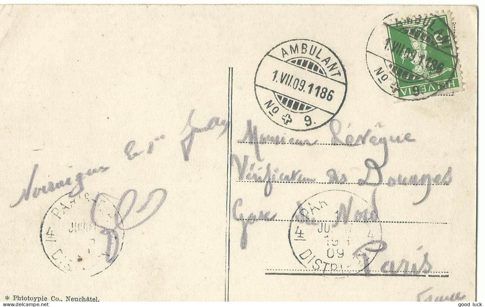 SUISSE  CARTE 5c   AMBULANT N° 9 POUR  PARIS DE 1909 LETTRE COVER - Briefe U. Dokumente