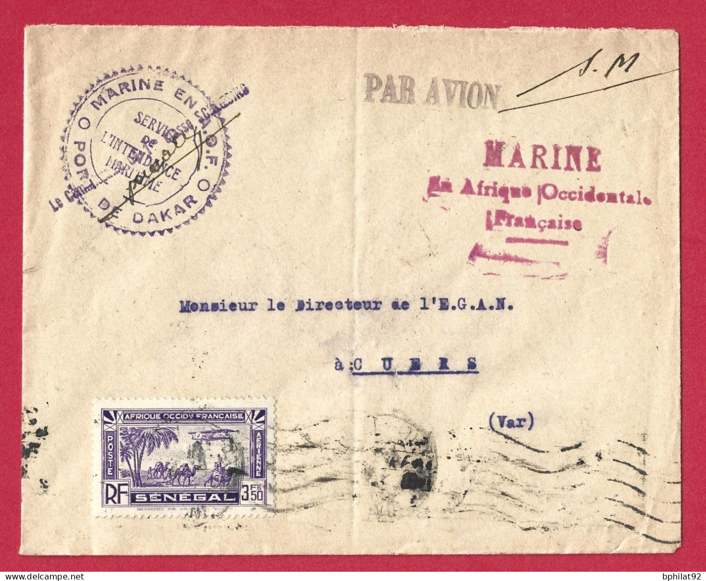 !!! AOF, LETTRE FM PAR AVION DE DAKAR, SÉNÉGAL POUR LA FRANCE DE 1942, CACHET SERVICE DE L'INTENDANCE MARITIME EN AOF - Lettres & Documents