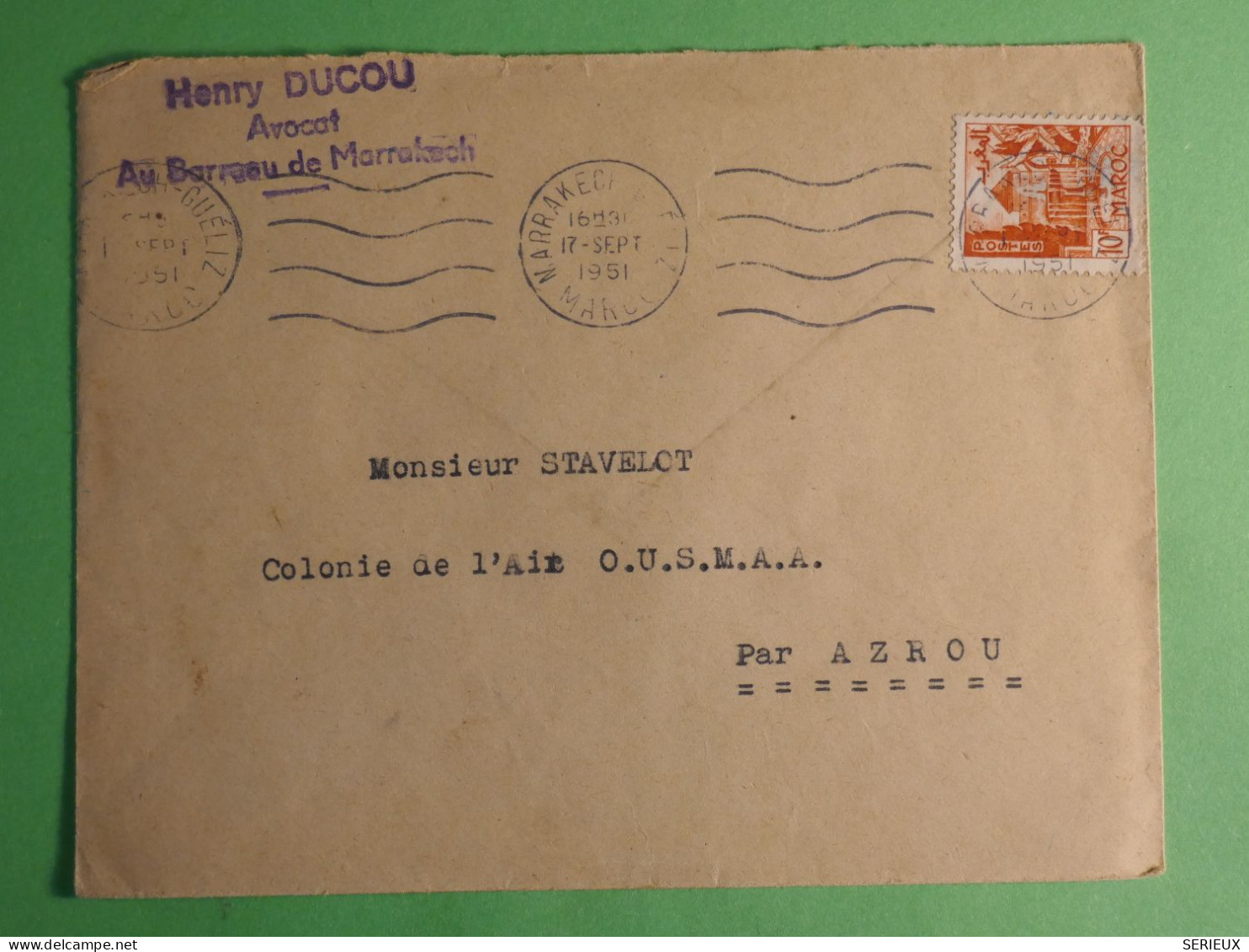DN17  MAROC   LETTRE  ASSEZ RARE 1951  MARRAKESH A  AZROU    + AFF. INTERESSANT +++ - Lettres & Documents