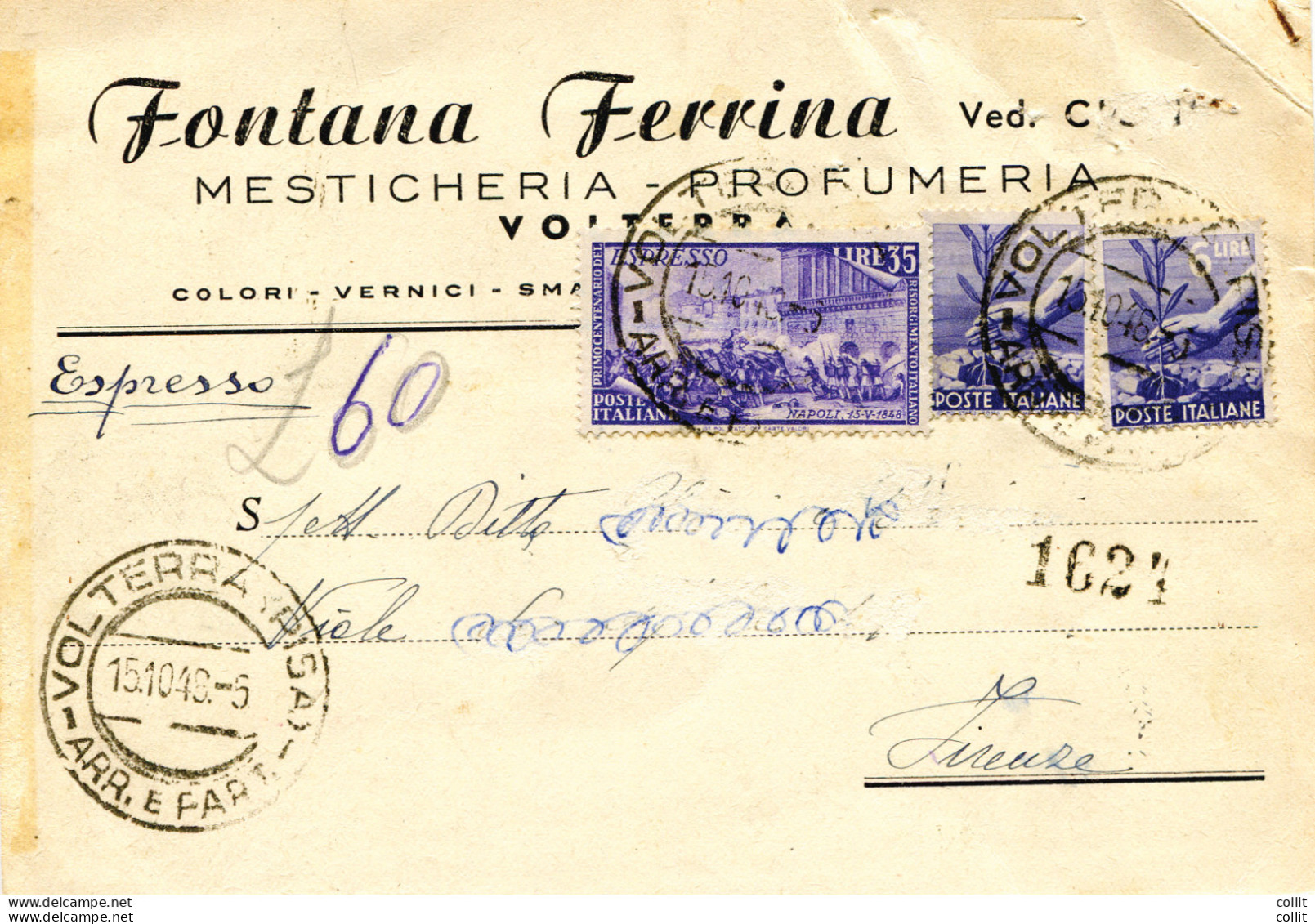 Espresso Lire 35 "Risorgimento" Su Cartolina Commerciale Da Volterra - 1946-60: Poststempel