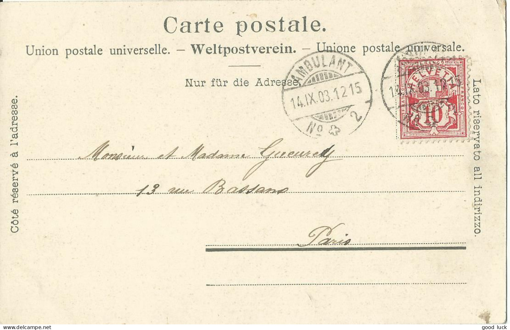 SUISSE  CARTE 10c   AMBULANT N°2  POUR  PARIS DE 1903 LETTRE COVER - Briefe U. Dokumente