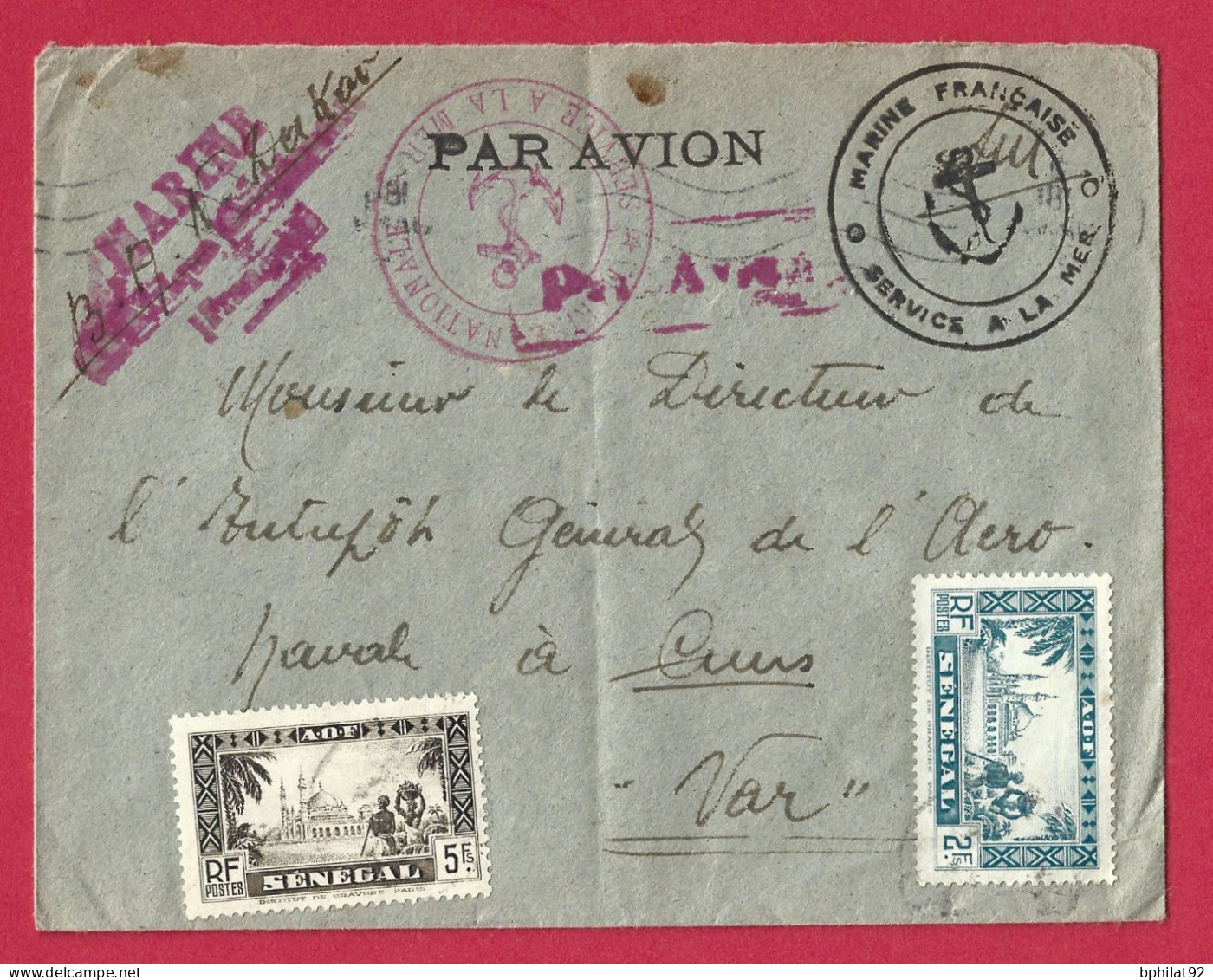 !!! AOF, LETTRE FM PAR AVION DE LA BASE AÉRONAVALE DE DAKAR, SÉNÉGAL POUR LA FRANCE DE 1942, CACHET SERVICE À LA MER - Lettres & Documents