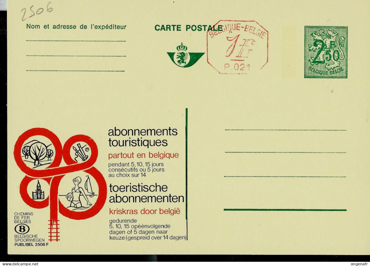 Publibel Neuve N° 2506 + P. 021 ( Abonnements Touristiques - Chemins De Fer Belges) - Werbepostkarten