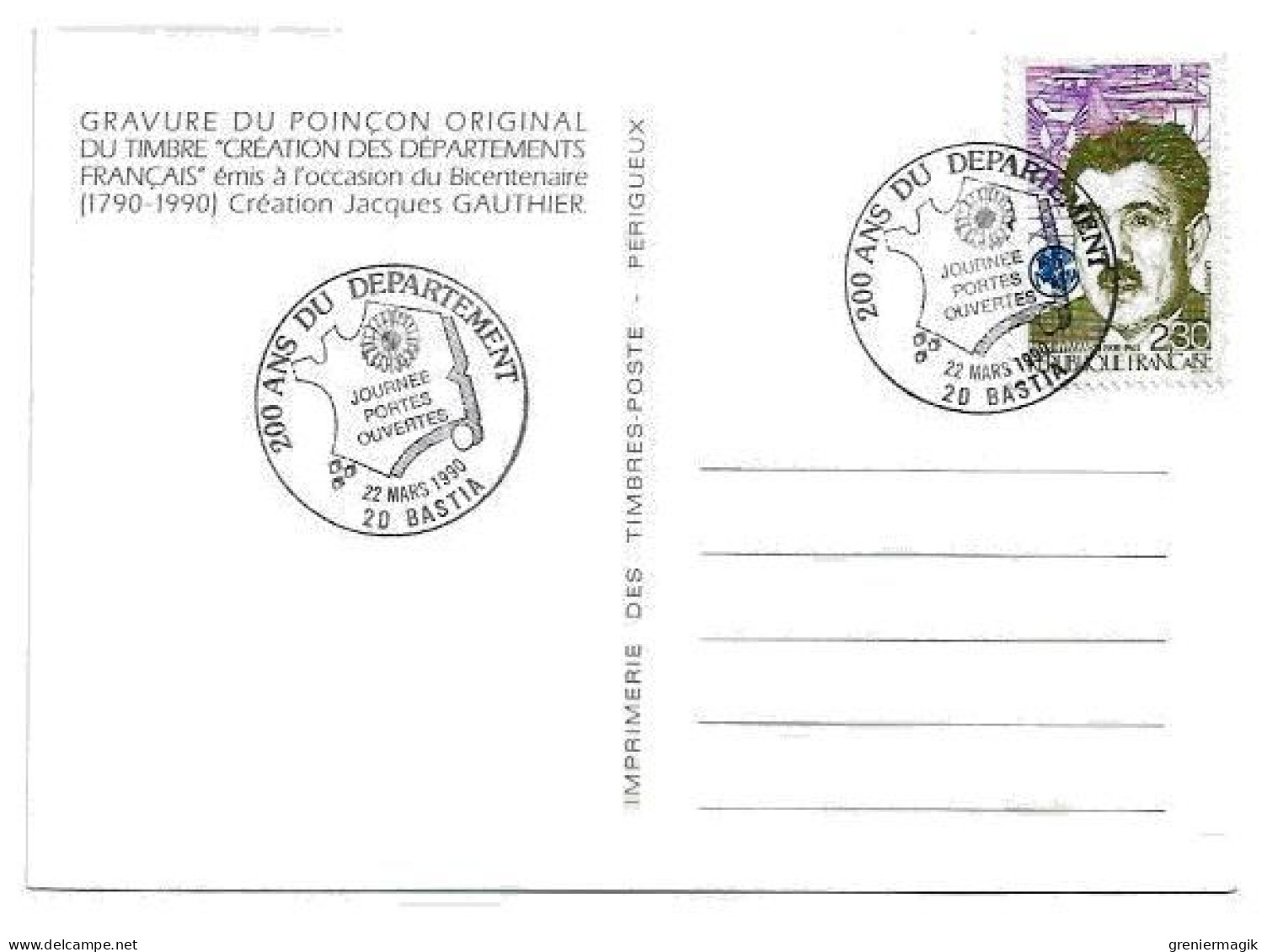 1990 Cachet 200 Ans Du Département Bastia (Corse) Sur N°2638 (Hymans) Sur Carte Gravure Du Poinçon Original Du Timbre - Aushilfsstempel