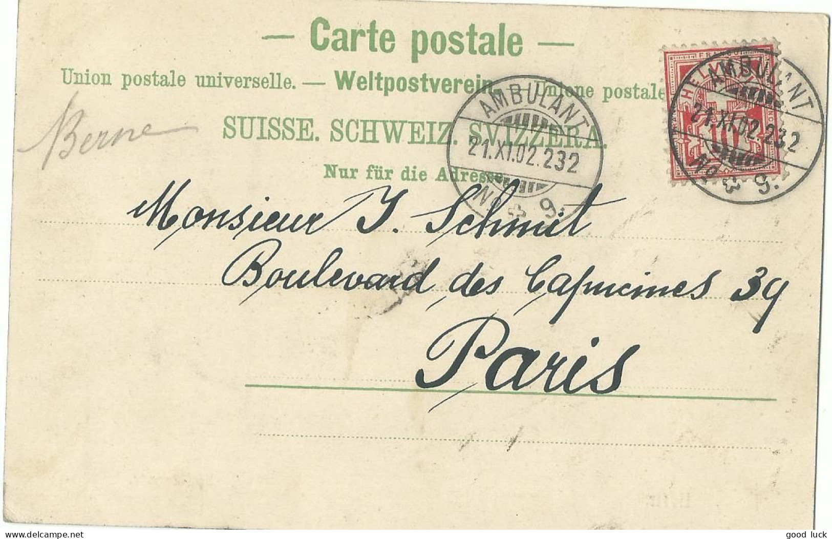 SUISSE  CARTE 10c   AMBULANT N°9  POUR  PARIS DE 1902 LETTRE COVER - Covers & Documents