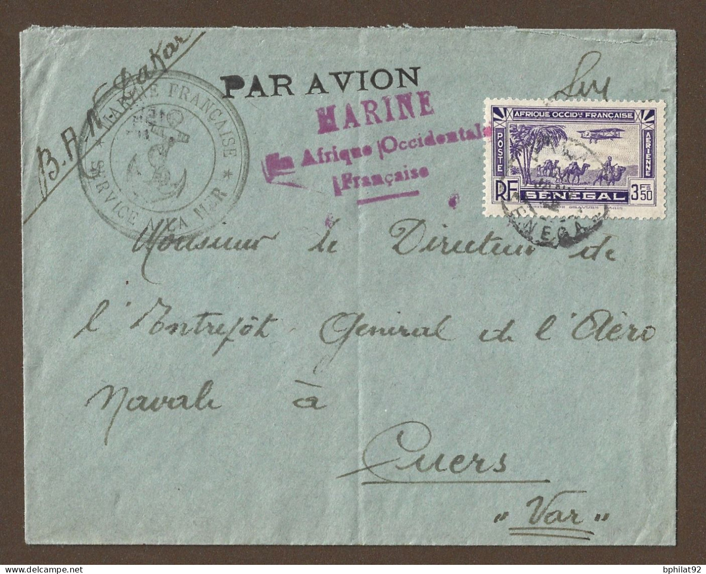 !!! AOF, LETTRE FM PAR AVION DE LA BASE AÉRONAVALE DE DAKAR, SÉNÉGAL POUR LA FRANCE DE JANVIER 1942, SERVICE À LA MER - Covers & Documents