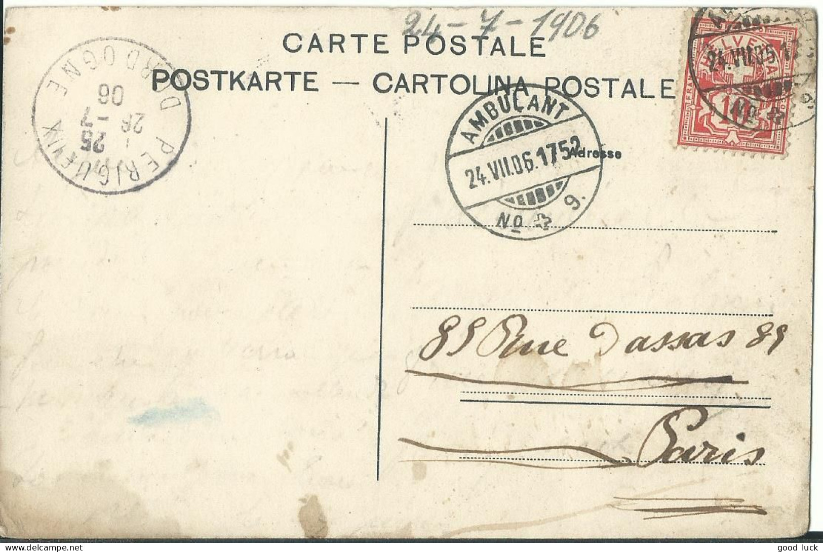 SUISSE  CARTE 10c AMBULANT N°9  POUR  PERIGUEUX ( DORDOGNE ) REDIRIGEE A PARIS DE 1906  LETTRE COVER - Brieven En Documenten
