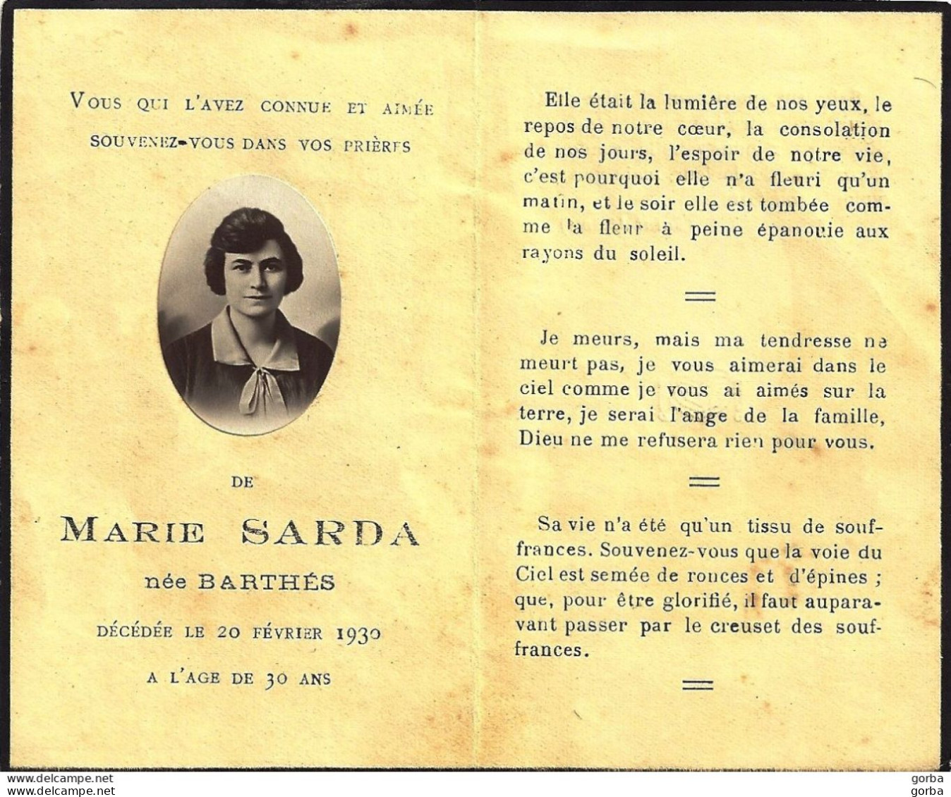 *Image Pieuse Double -  Faire Part Décès Deuil Souvenir - Ed Bouasse Jeune - M.SARDA 1930 - Devotion Images