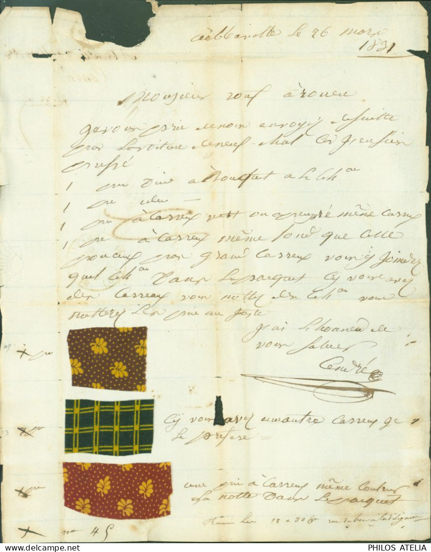 Lettre Avec échantillon De Tissus Somme CAD T12 Abbeville 27 MARS 1831 Taxe Manuscrite 3 Pour Rouen - 1801-1848: Precursors XIX