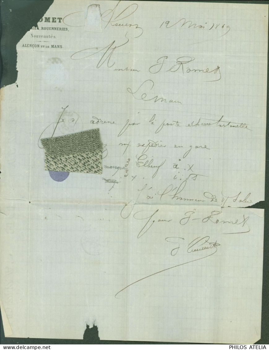 Lettre Avec échantillon De Tissus Orne YT Napoléon Lauré N°29 GC 57 Oblitéré CAD Alençon 12 MAI 1869 Pour Le Mans - 1849-1876: Période Classique