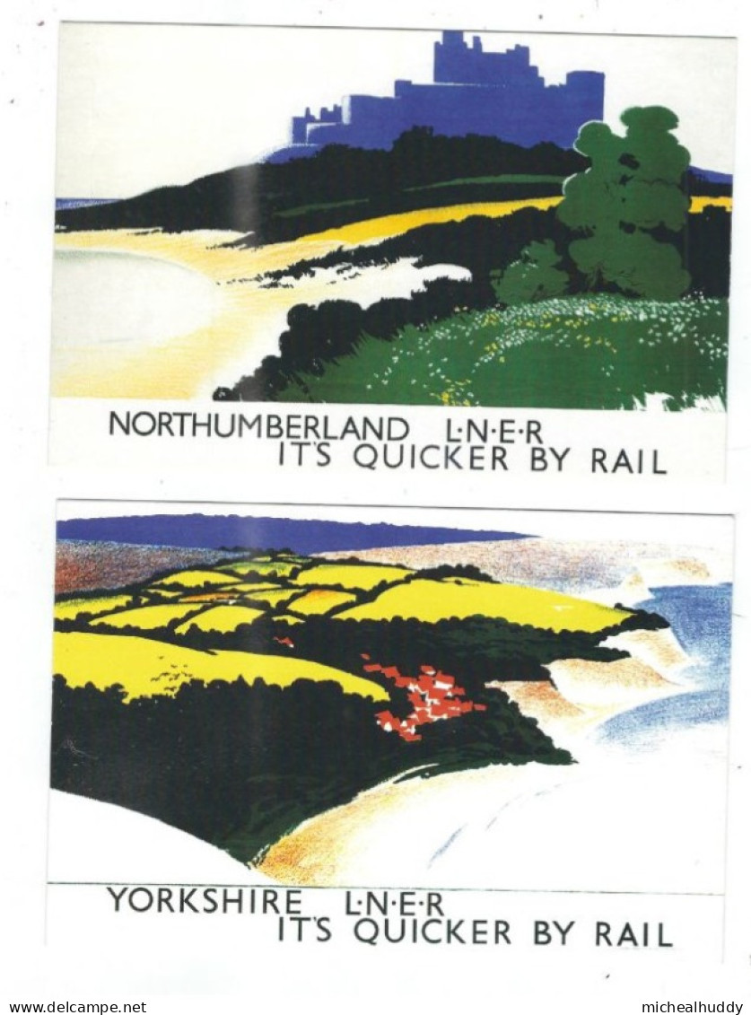 2 POSTCARDS UK RAIL ADVERTISING L.N.E.R.  NORTHUMBERLAND AND YORKSHIRE - Publicité