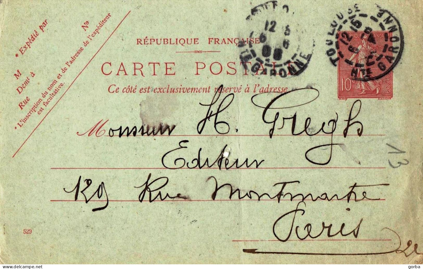 *Carte Postale Entier Postal - Type 10c Semeuse Lignée - Noir Sur Vert - N° 529 - Standard Postcards & Stamped On Demand (before 1995)