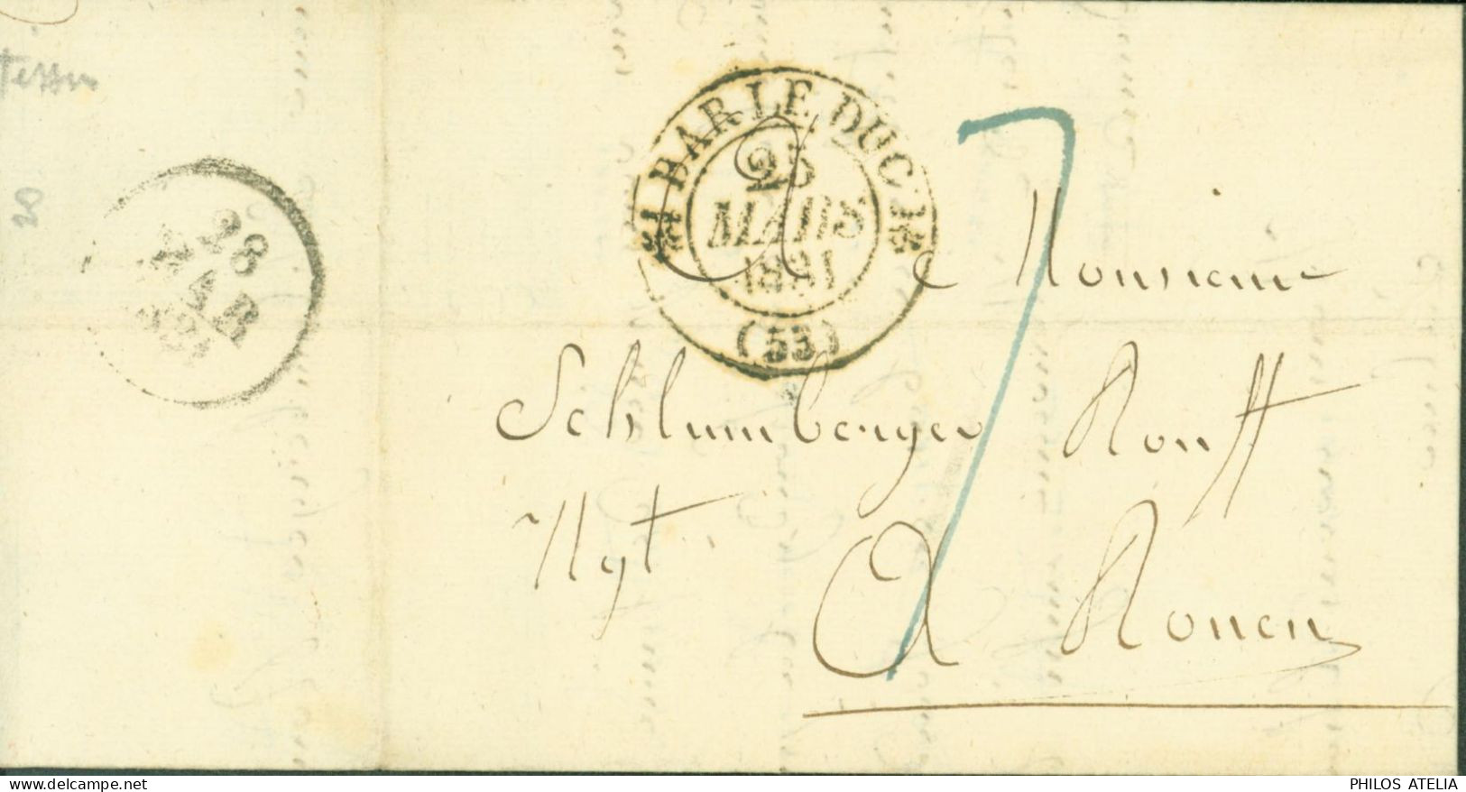Lettre Avec échantillon De Tissus Meuse CAD T12 Bar Le Duc 25 MARS 1831 Taxe Manuscrite Bleue 7 Pour Rouen - 1801-1848: Precursors XIX