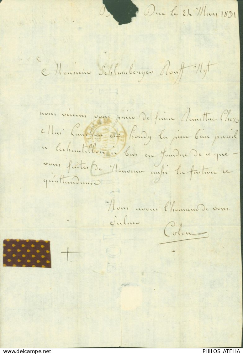 Lettre Avec échantillon De Tissus Meuse CAD T12 Bar Le Duc 25 MARS 1831 Taxe Manuscrite Bleue 7 Pour Rouen - 1801-1848: Voorlopers XIX