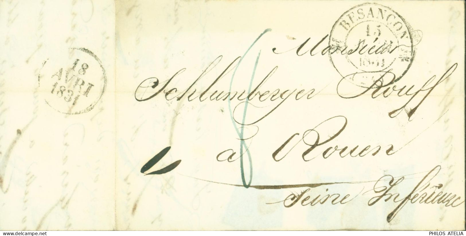 Lettre Avec échantillon De Tissus Doubs CAD T12 Besançon 15 AVRIL 1831 Dos Dateur 18 AVRIL 1830 Pour Rouen - 1801-1848: Voorlopers XIX