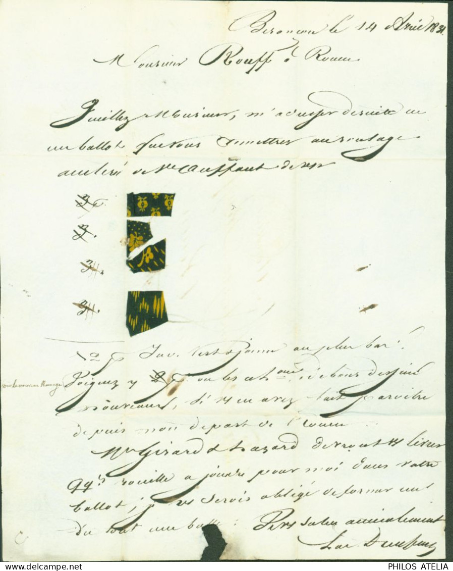 Lettre Avec échantillon De Tissus Doubs CAD T12 Besançon 15 AVRIL 1831 Dos Dateur 18 AVRIL 1830 Pour Rouen - 1801-1848: Précurseurs XIX