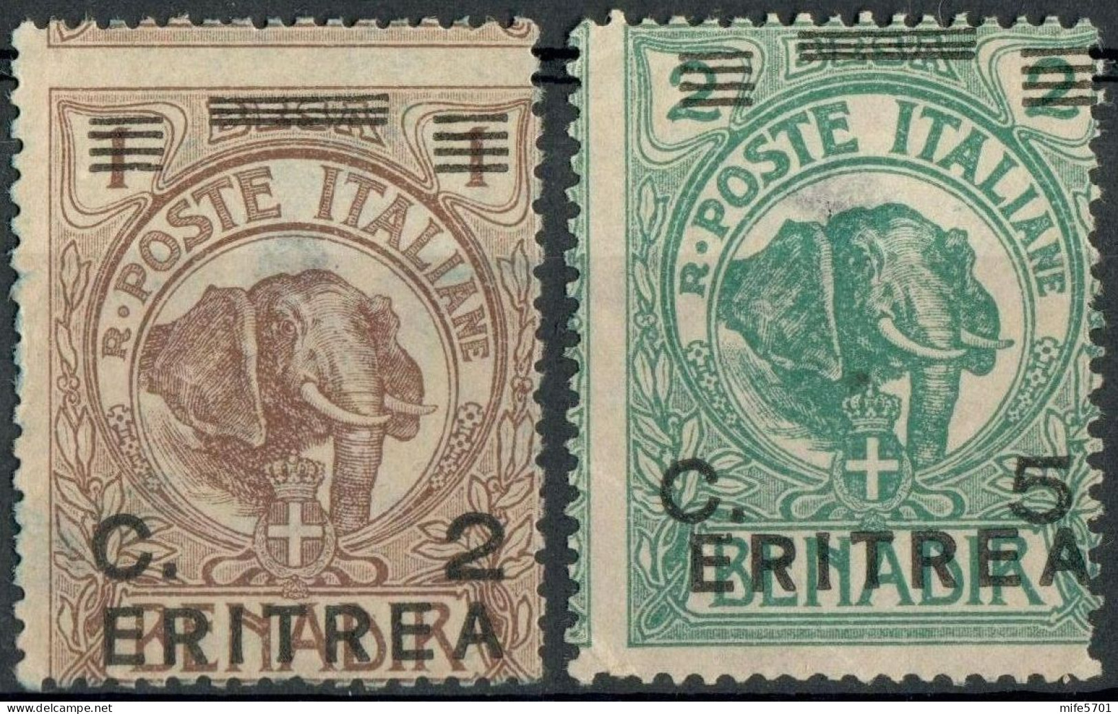REGNO / COLONIE / ERITREA 1922 ELEFANTE C. 2 SU B. 1 E C. 5 SU B. 2 SOPRASTAMPATI NUOVI SENZA GOMMA MNG (*) SASSONE 54/5 - Eritrea