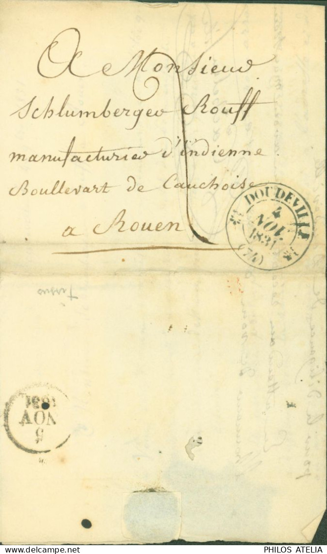 Lettre Avec échantillon De Tissus Seine Maritime CAD T12 Doudeville 4 NOV 1831 Dos Dateur 5 NOV 1831 Pour Rouen - 1801-1848: Précurseurs XIX
