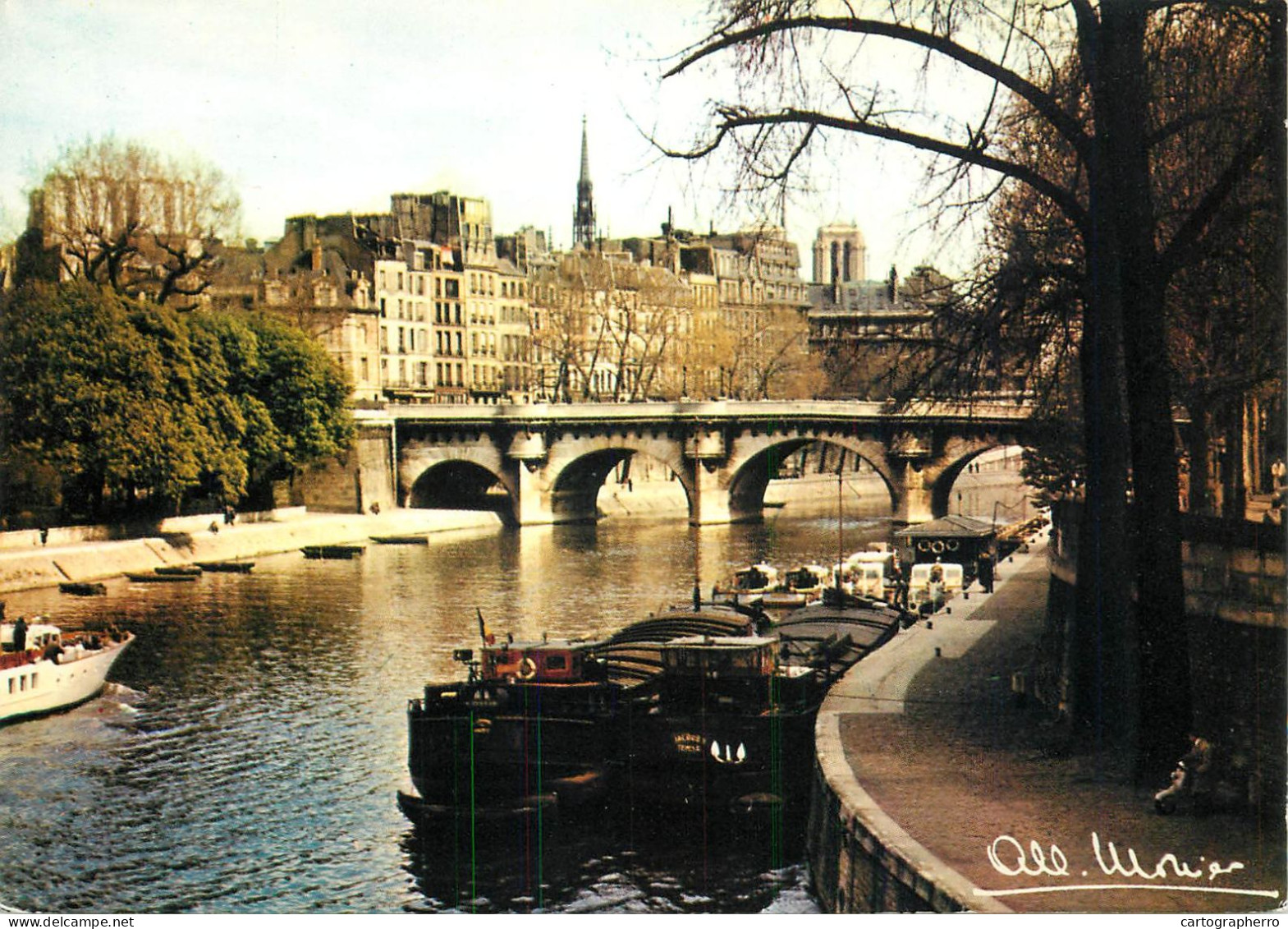Navigation Sailing Vessels & Boats Themed Postcard Paris Seine Notre Dame Bridge Barge - Velieri