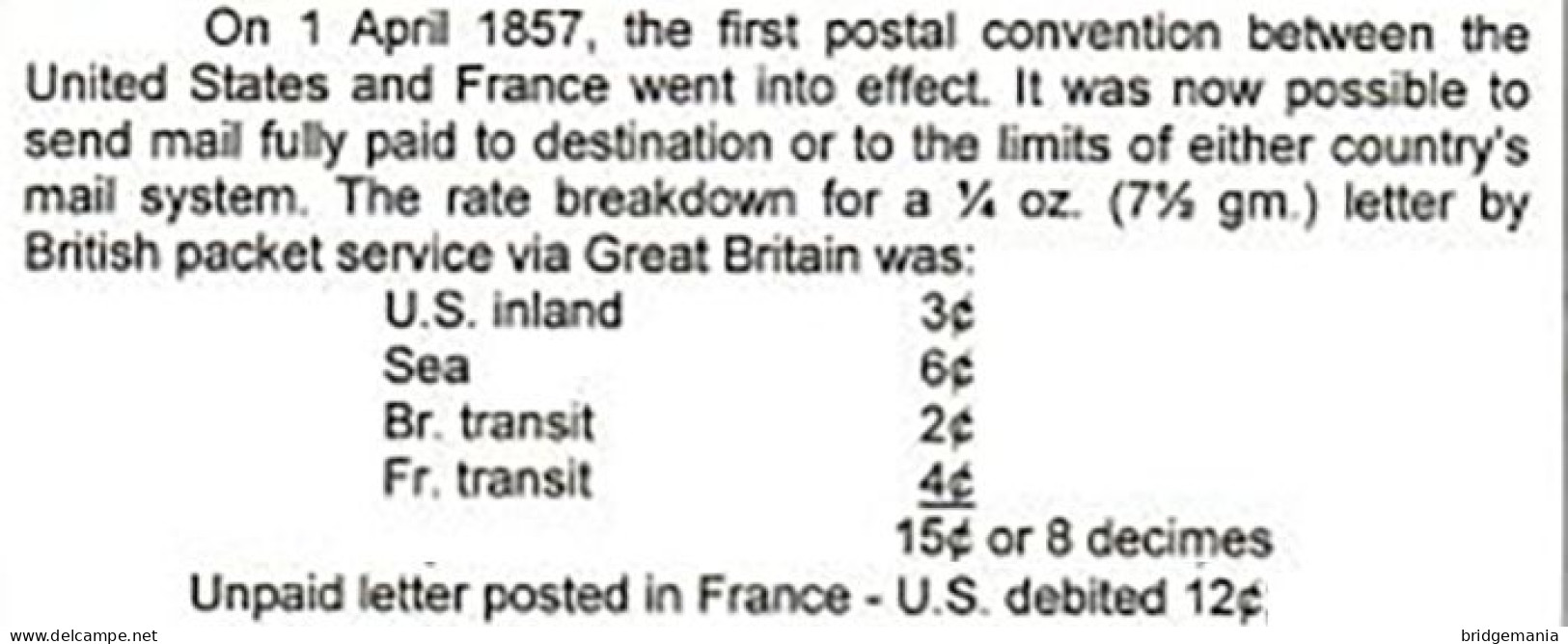 MTM143 - 1858 TRANSATLANTIC LETTER FRANCE TO USA Steamer PERSIA CUNARD - UNPAID - Postal History