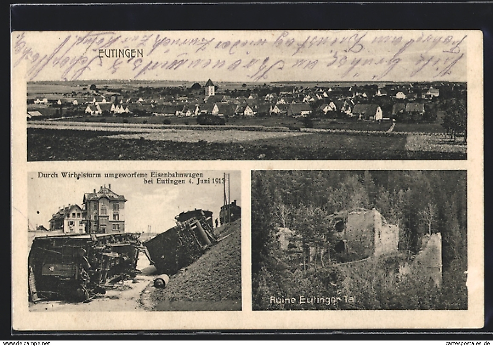 AK Eutingen / Württ., Durch Wirbelsturm Umgeworfene Eisenbahnwagen 1913, Ruine Eutinger Tal  - Überschwemmungen