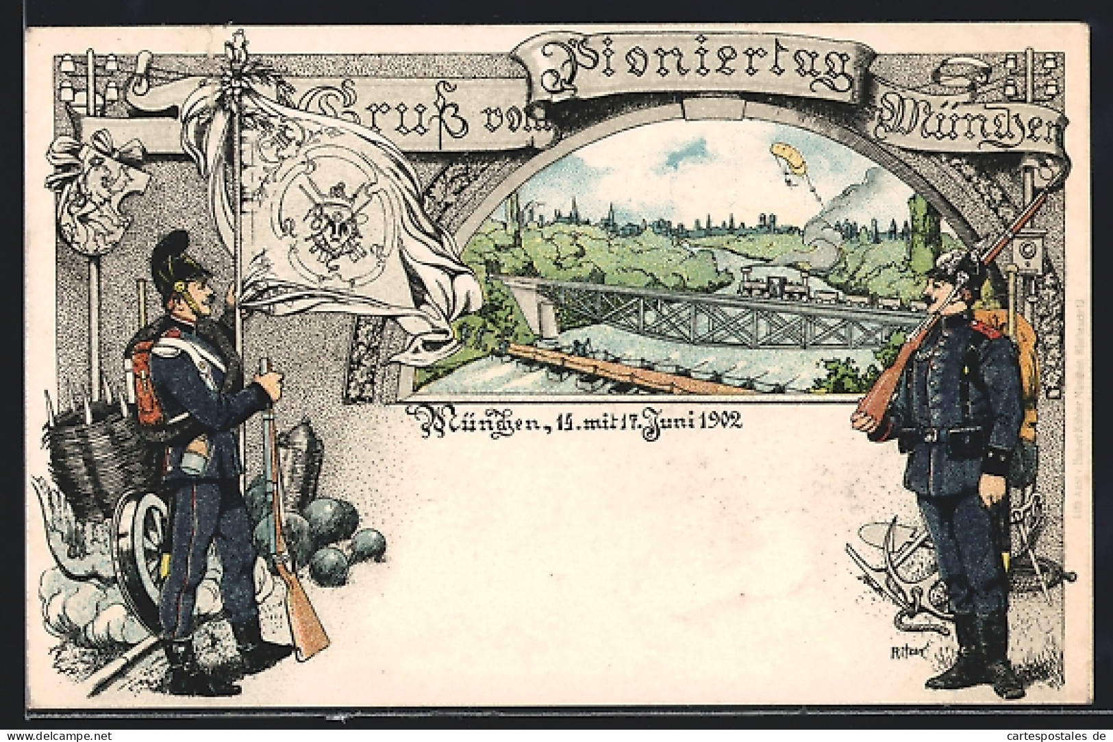 Passepartout-Lithographie München, Pioniertag München: Isarpartie Und Regimentssoldaten Mit Gewehren Und Fahne  - Regimientos