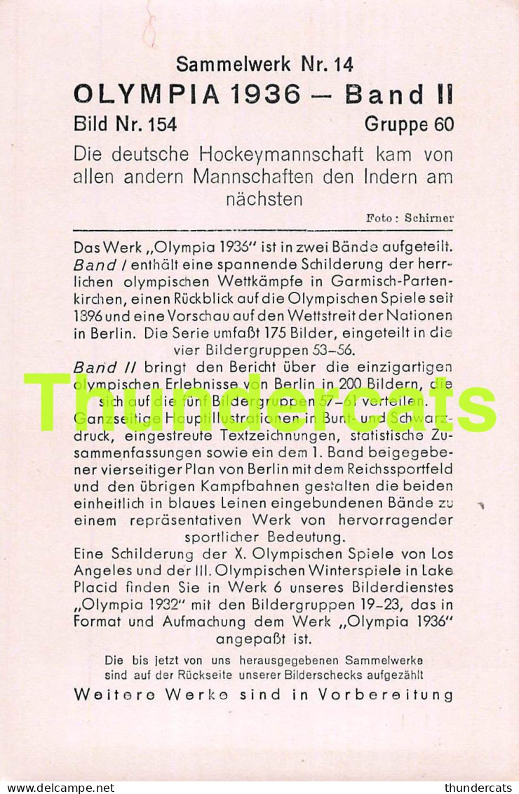 OLYMPIA 1936 IMAGE CHROMO OLYMPICS OLYMPIC GAMES BAND II BILD 154 HOCKEY ALLEMAGNE DEUTSCHLAND - Tarjetas