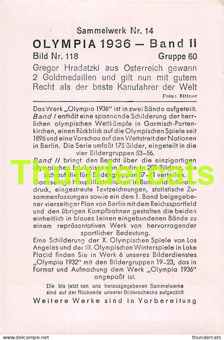 OLYMPIA 1936 IMAGE CHROMO OLYMPICS OLYMPIC GAMES BAND II BILD 118 GREGOR HRADETZKI OSTERREICH KANO  - Trading-Karten