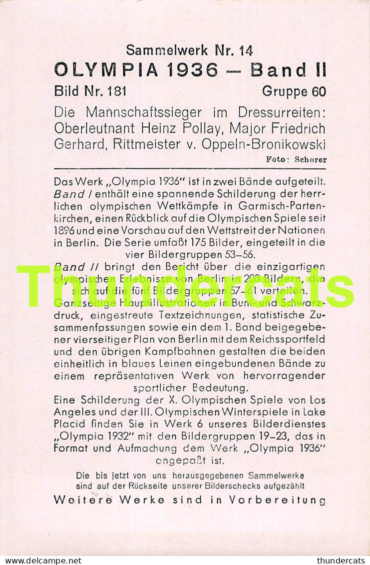 OLYMPIA 1936 IMAGE CHROMO OLYMPICS OLYMPIC GAMES BAND II BILD 181 HEINZ POLLAY FRIEDRICH GERHARD OPPELN BRONIKOWSKI - Tarjetas