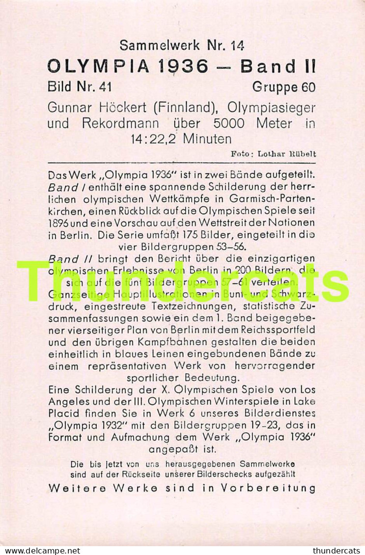 OLYMPIA 1936 IMAGE CHROMO OLYMPICS OLYMPIC GAMES BAND II BILD 41 GUNNAR HOCKERT FINNLAND FINLAND - Trading-Karten