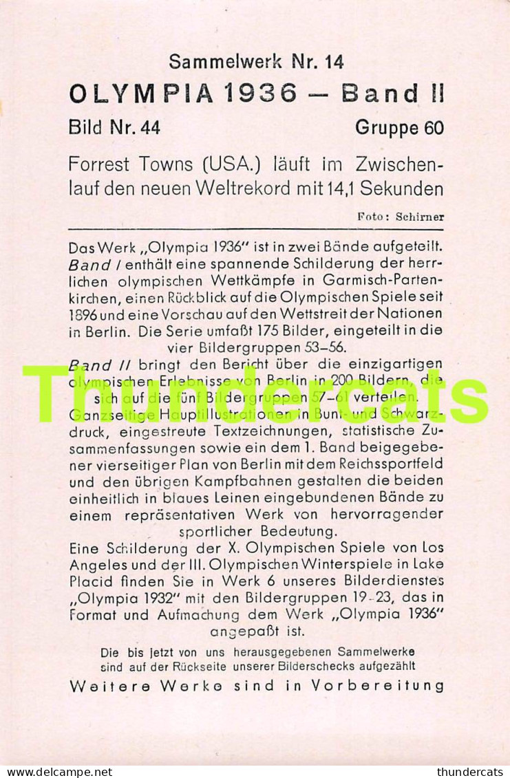 OLYMPIA 1936 IMAGE CHROMO OLYMPICS OLYMPIC GAMES BAND II BILD 44 FORREST TOWNS USA - Tarjetas