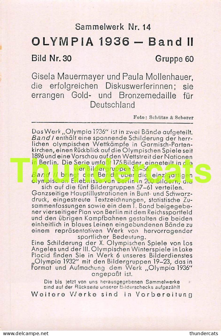 OLYMPIA 1936 IMAGE CHROMO OLYMPICS OLYMPIC GAMES BAND II BILD 30 GISELA MAUERMAYER PAULA MOLLENHAUER - Trading-Karten