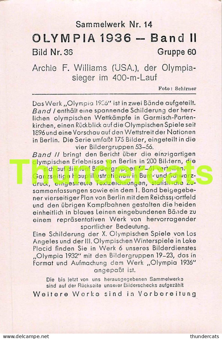 OLYMPIA 1936 IMAGE CHROMO OLYMPICS OLYMPIC GAMES BAND II BILD 36 ARCHIE F WILLIAMS USA - Trading Cards