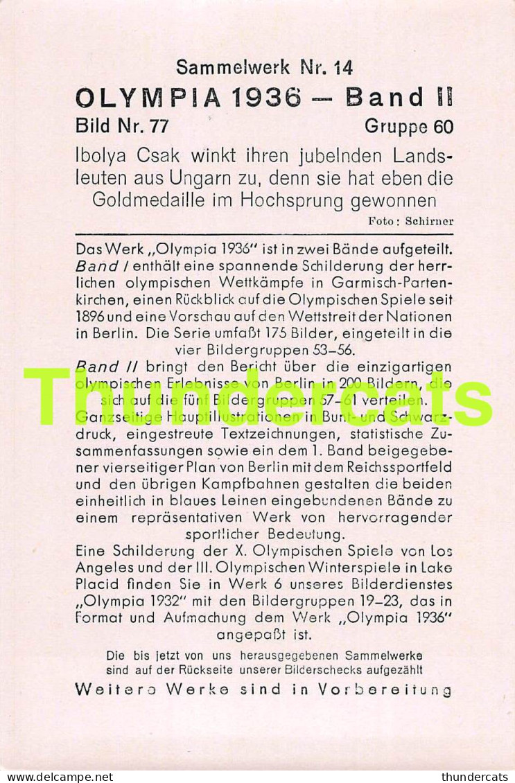 OLYMPIA 1936 IMAGE CHROMO OLYMPICS OLYMPIC GAMES BAND II BILD 77 IBOLYA CSAK  - Trading Cards