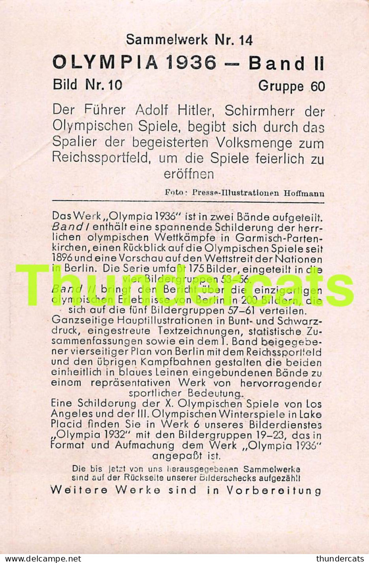 OLYMPIA 1936 IMAGE CHROMO OLYMPICS OLYMPIC GAMES BAND II BILD 10 ADOLF HITLER ( PLI - CREASE )  - Tarjetas