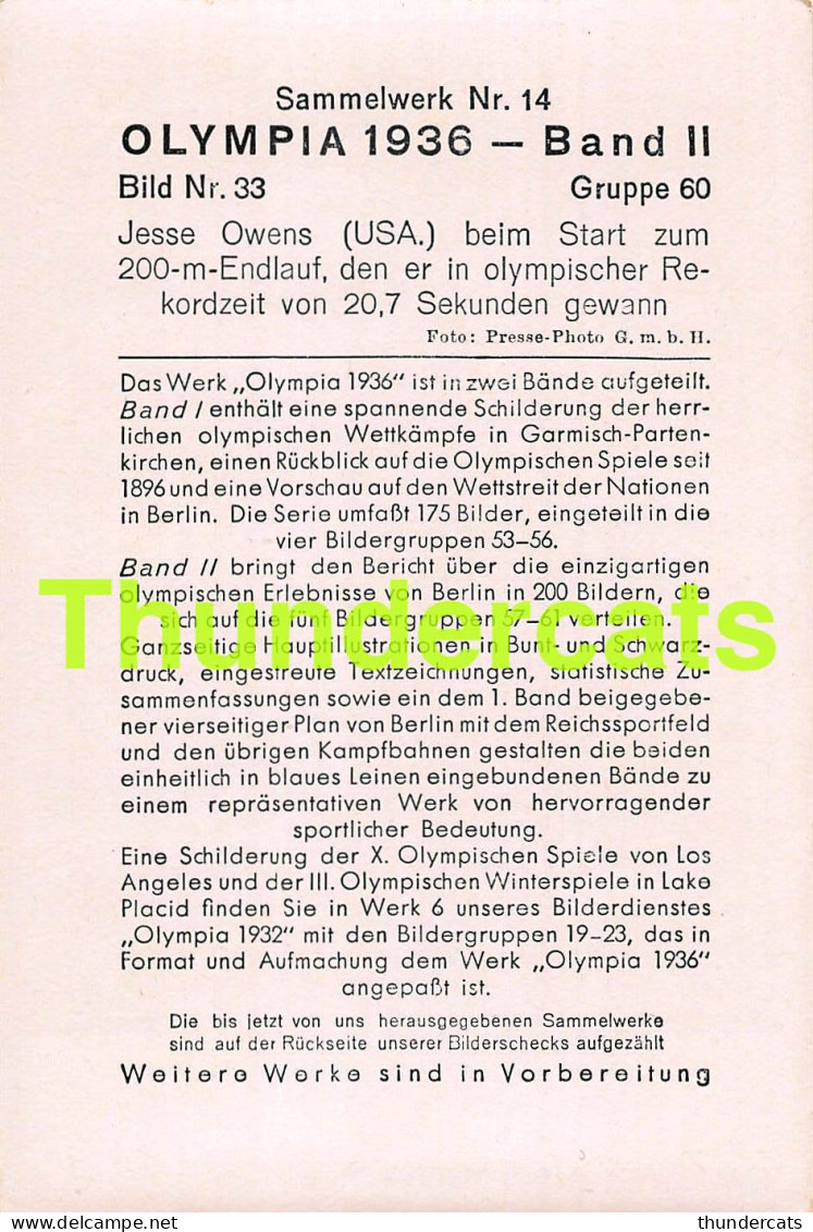 OLYMPIA 1936 IMAGE CHROMO OLYMPICS OLYMPIC GAMES BAND II BILD 33 JESSE OWENS USA  - Trading-Karten