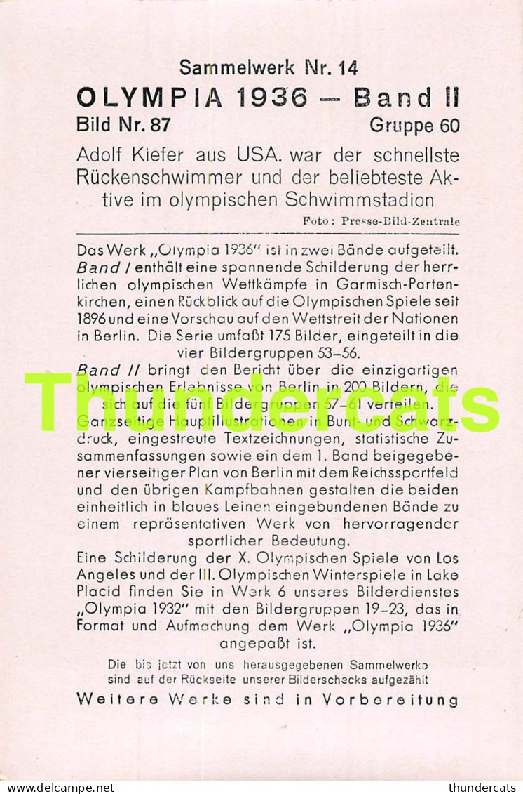 OLYMPIA 1936 IMAGE CHROMO OLYMPICS OLYMPIC GAMES BAND II BILD 87 ADOLF KIEFER USA NATATION SWIMMING - Trading-Karten