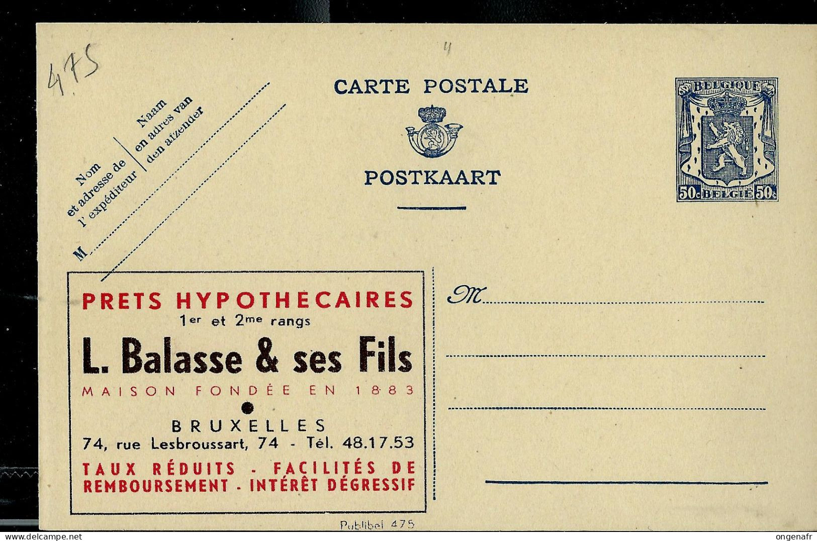 Publibel Neuve N° 475 ( Prêts Hypothécaires L. Balasse Et Ses Fils - Bruxelles ) - Werbepostkarten