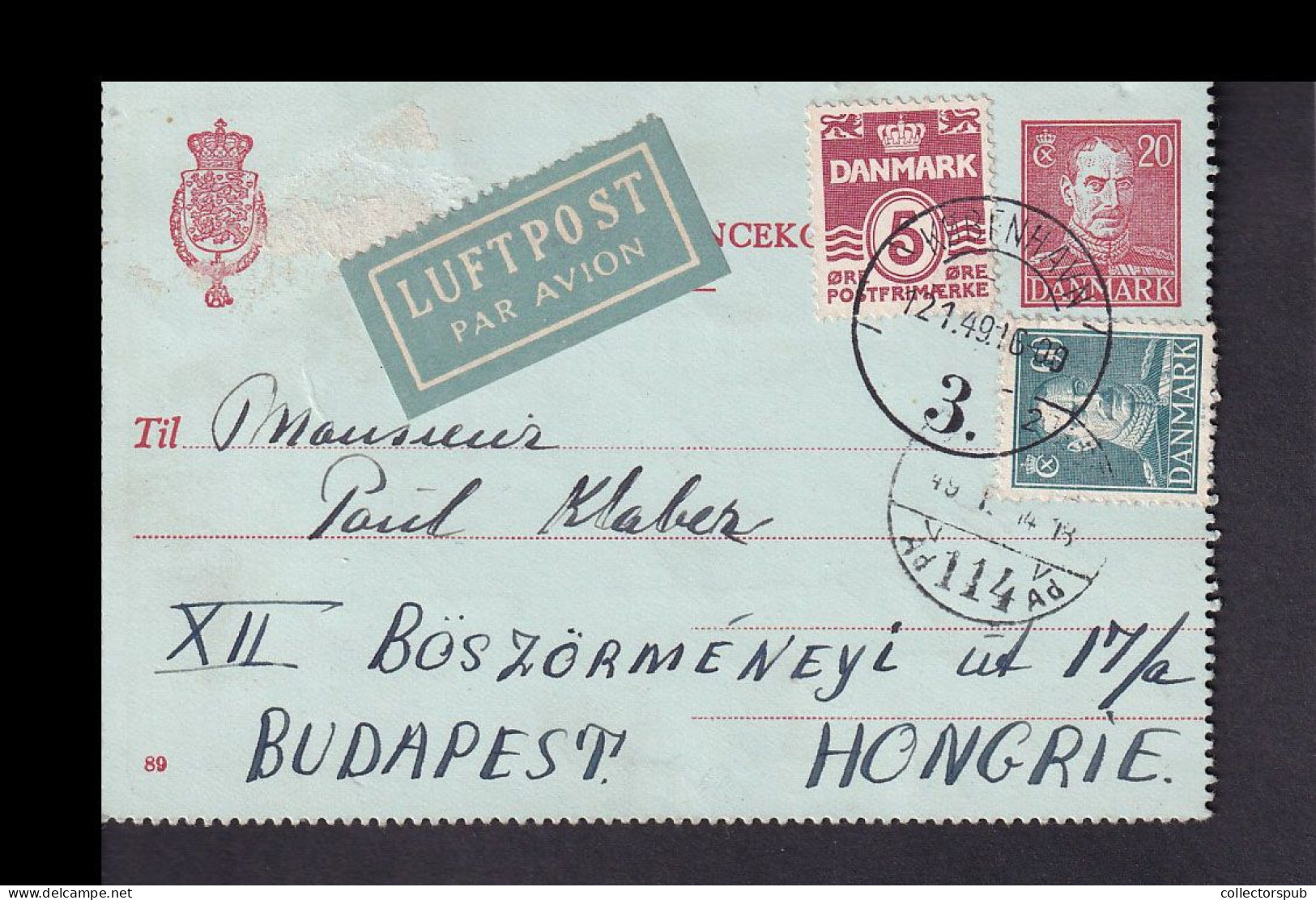 DENMARK 1949. Nice Airmail Card To Hungary - Brieven En Documenten