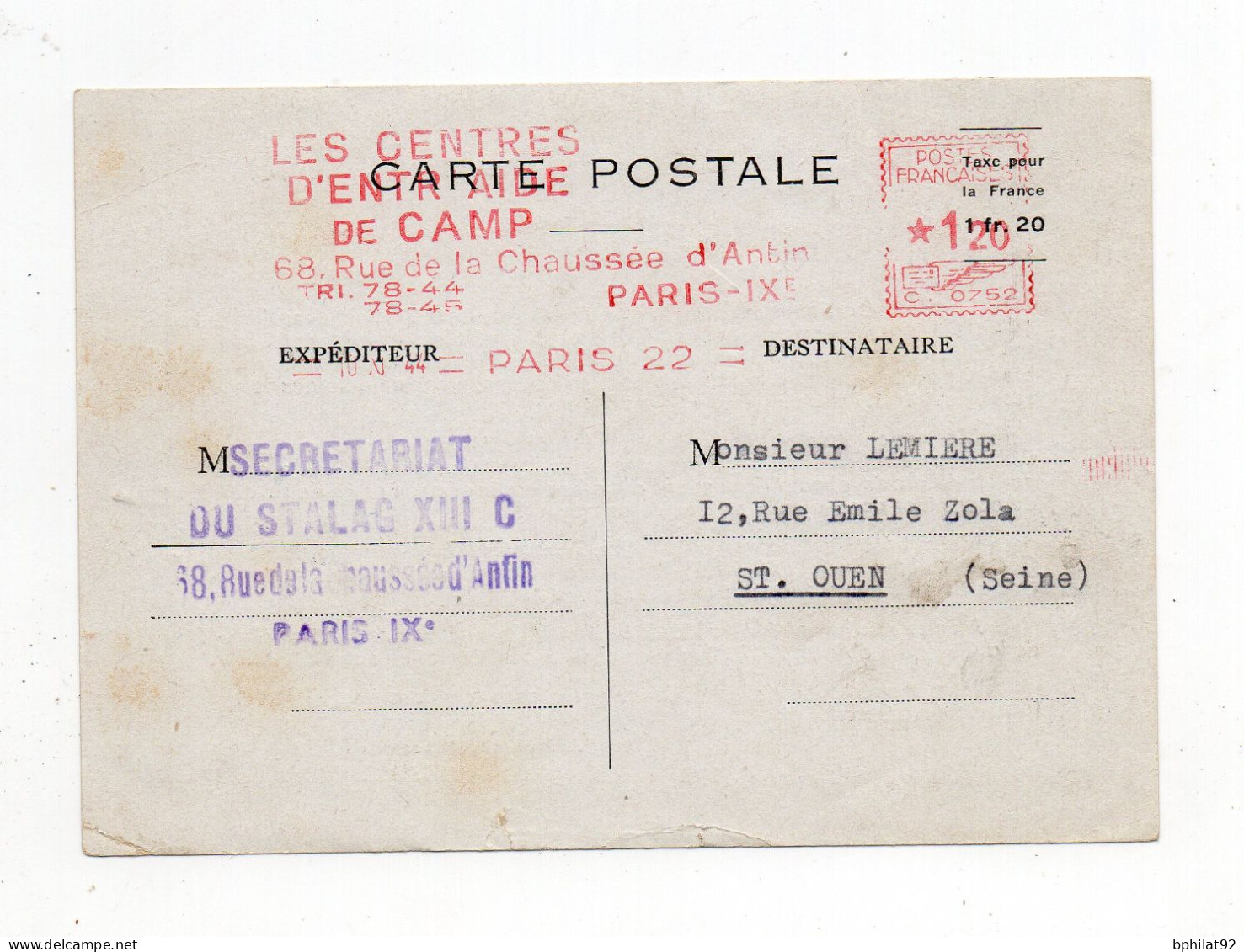 !!! MECANIQUE ROUGE LES CENTRES D'ENTRAIDE DE CAMP SUR CARTE DE 1/11/1944 SU SECRETARIAT DU STALAG XIII C - Maritieme Post