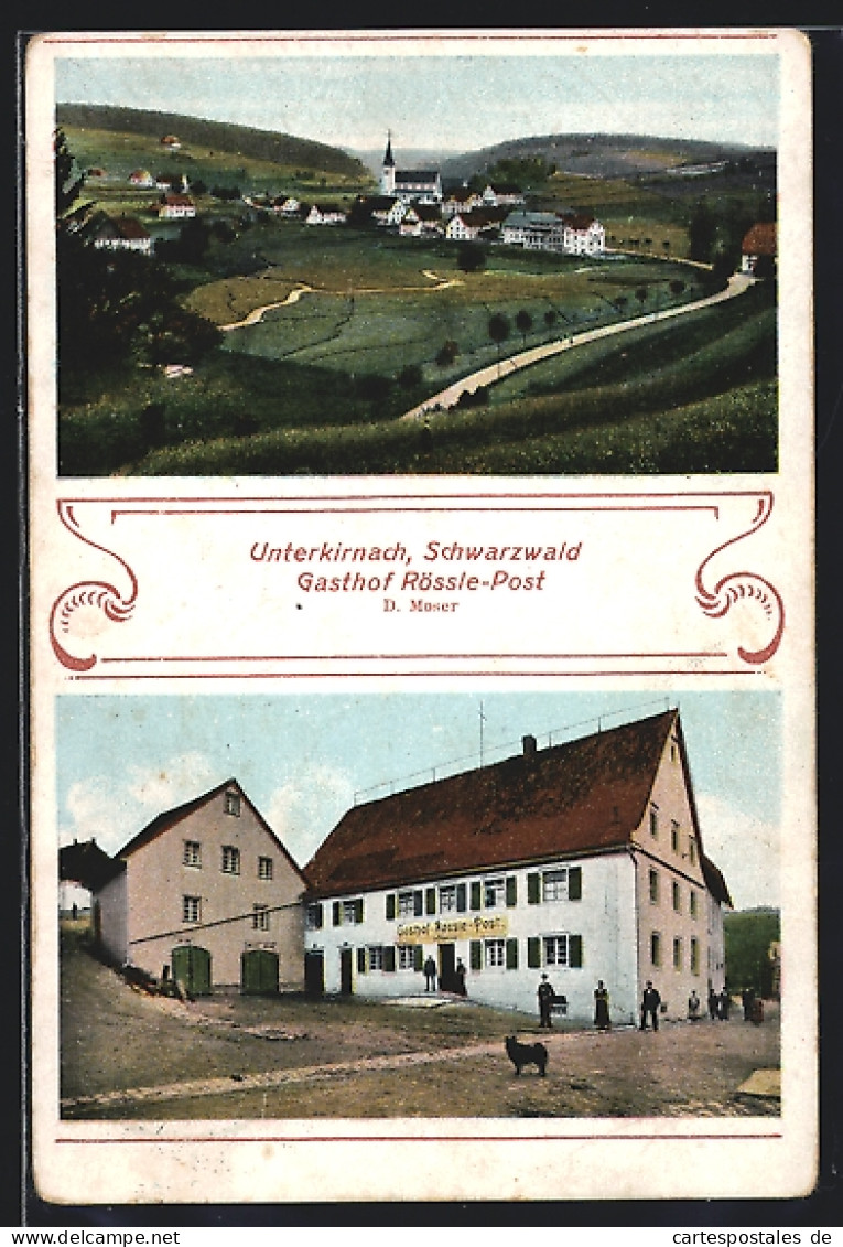 AK Unterkirnach /Schwarzwald, Gasthof Rössle-Post, Ortsansicht Mit Kirche  - Autres & Non Classés