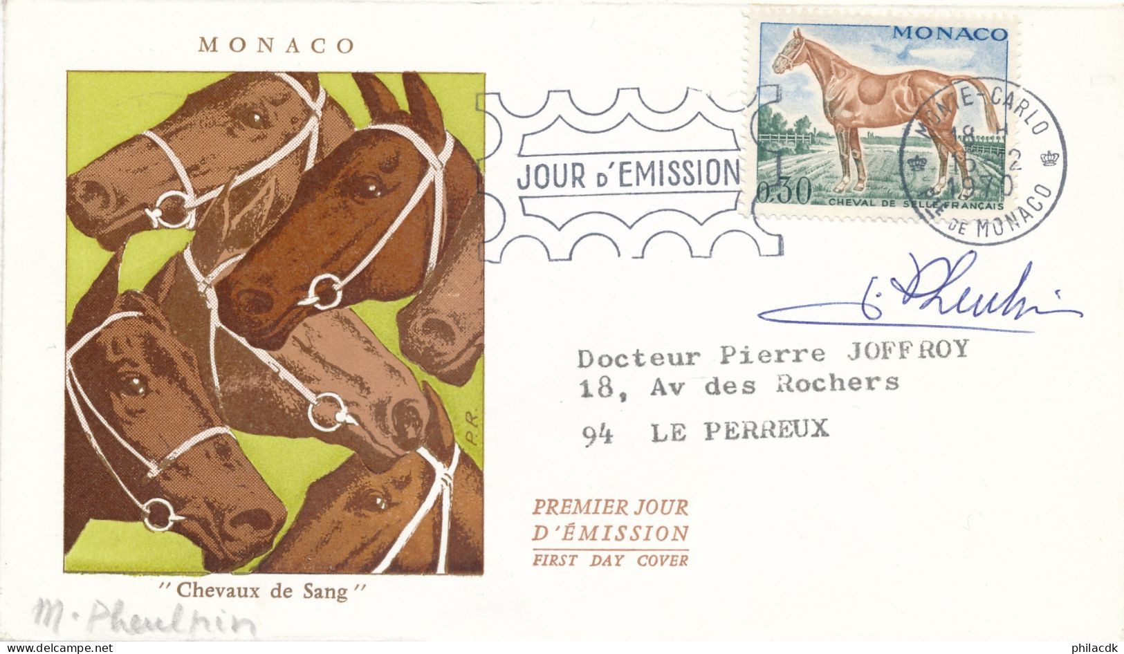 MONACO - ENVELOPPE PREMIER JOUR CHEVAUX DE SANG SIGNEE DU GRAVEUR OBLITEREE MONTE CARLO DU 15 FEVRIER 1970 - Horses