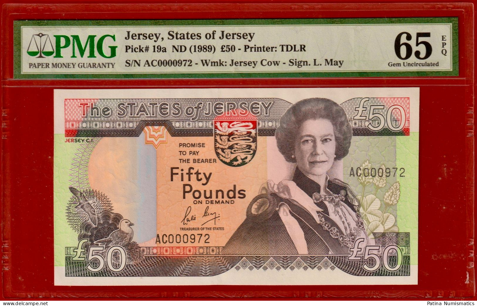 Jersey 50 Pounds 1989 RARE DATE P 19a Queen Elizabeth II PMG Gem Unc 65 EPQ - Jersey