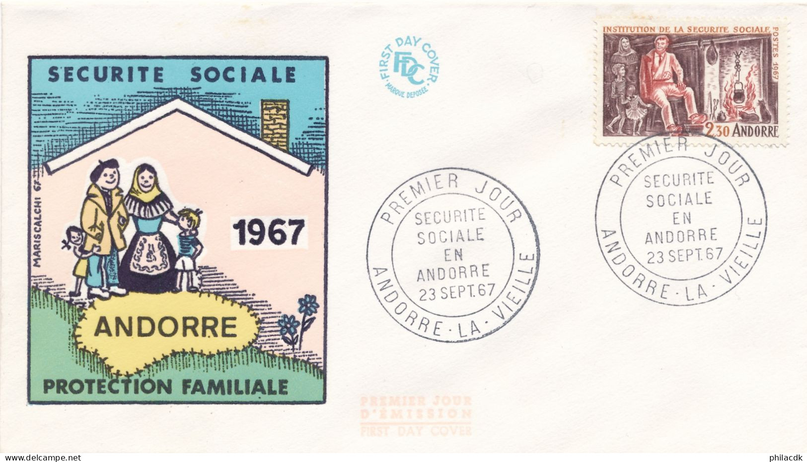 ANDORRE - ENVELOPPE PREMIER JOUR PROTECTION SOCIALE SECURITE SOCIALE OBLITEREE DU 23 SEPTEMBRE 1967 - FDC